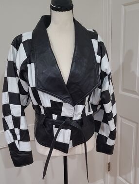 Cache' Vintage 80's Checkerboard Black & White Leather Jacket with Belt - Size S